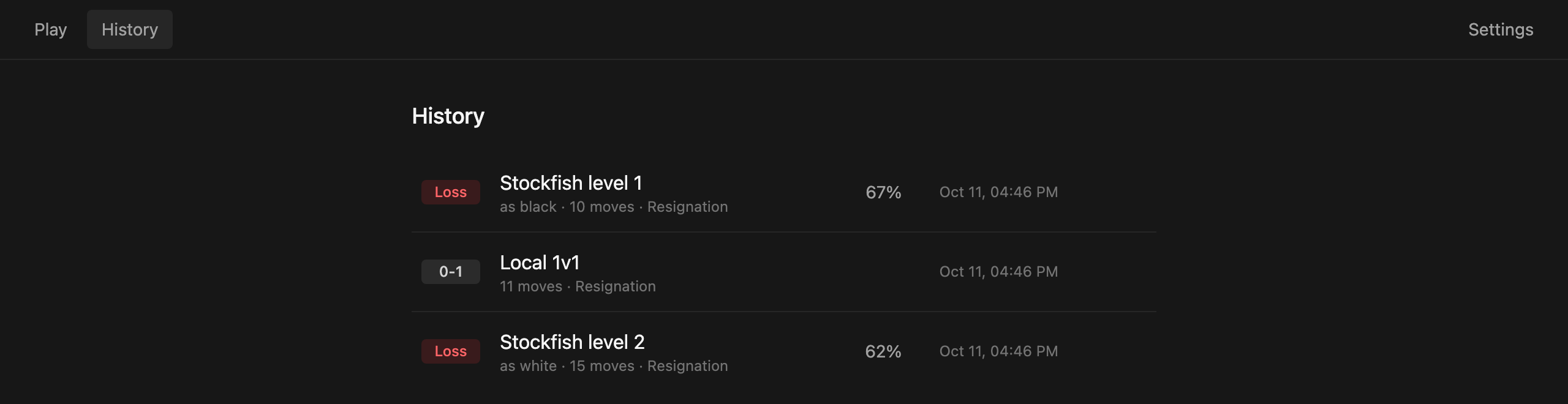 Game history with results and accuracy