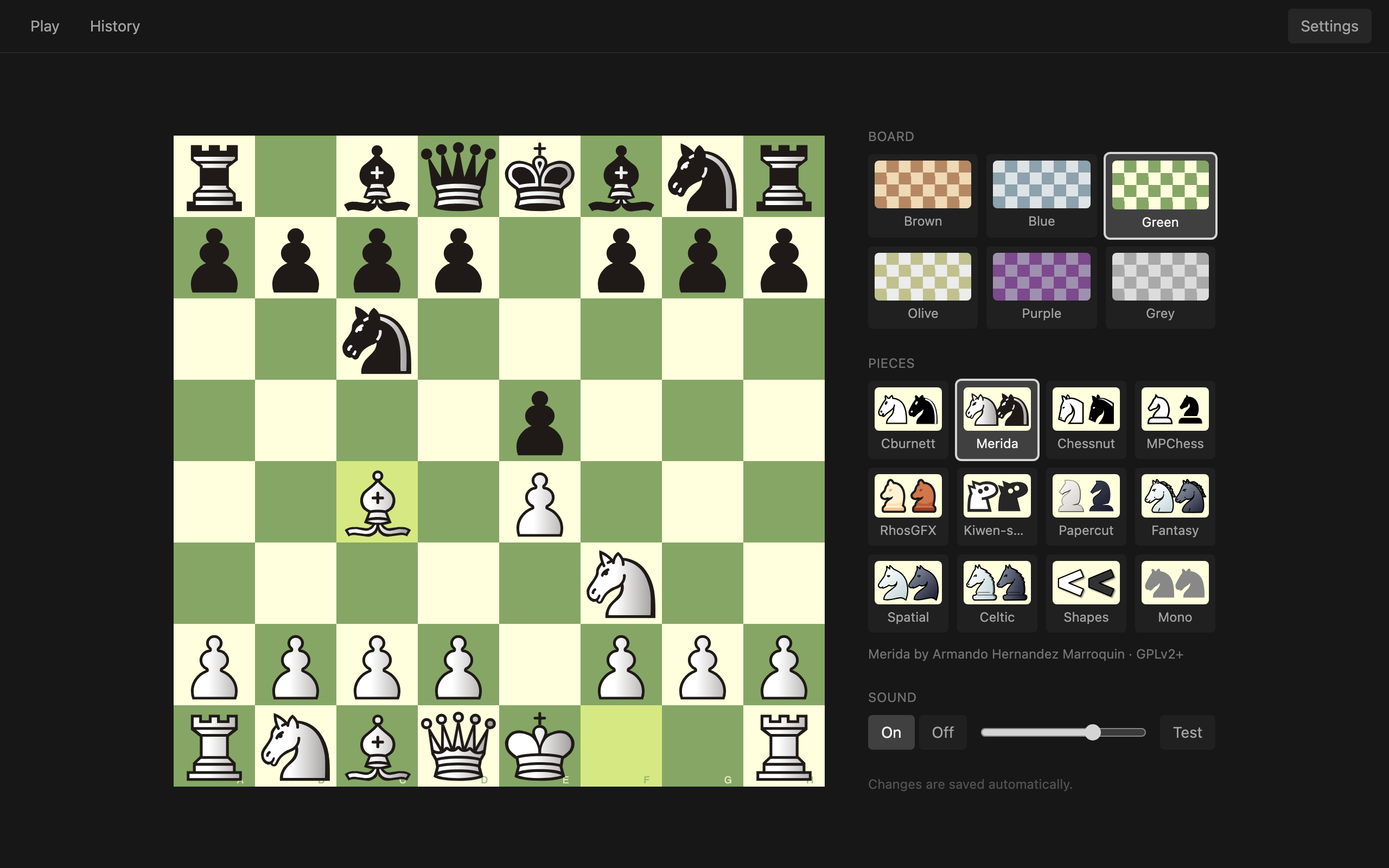 Board, piece and sound settings with a live preview