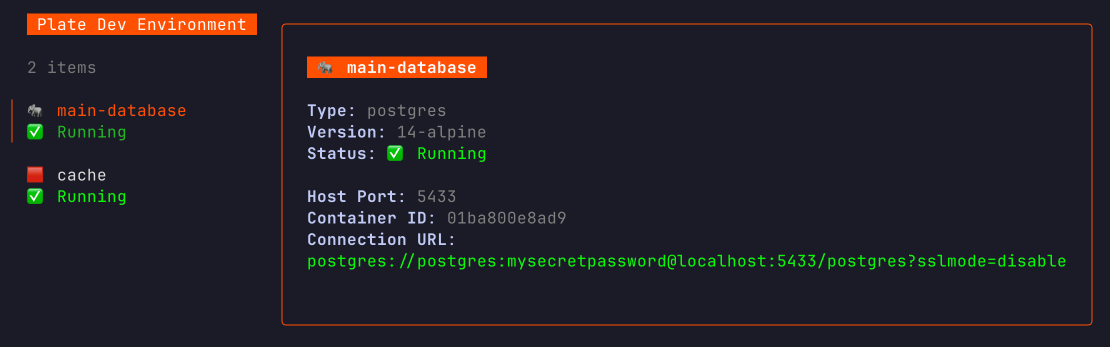 Plate CLI interface showing database services